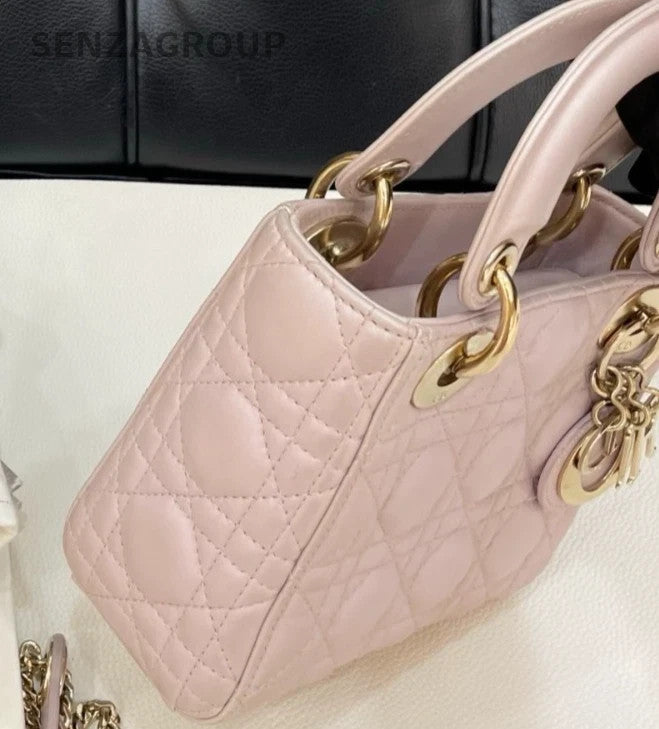 Christian Dior Lady Dior Chain Crossbody Top Handle Bag Pink Gold Women Classic