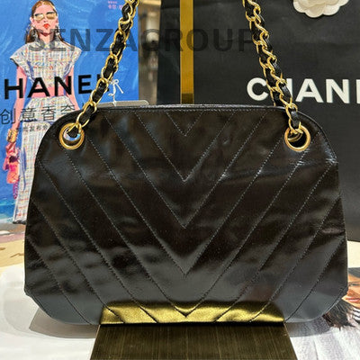 Chanel Vintage Black Gold Leather Chain Shoulder Bag Classic Women
