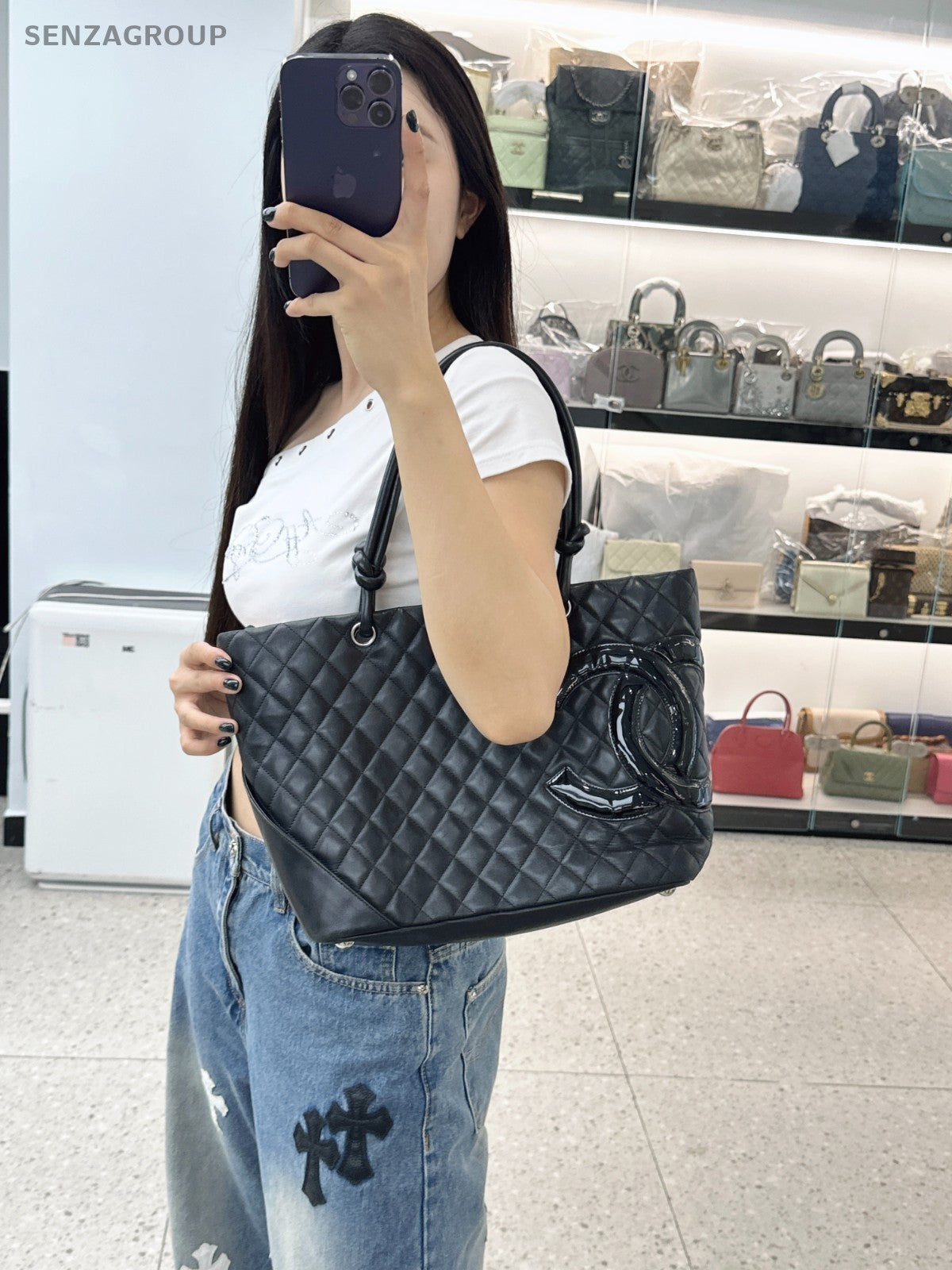 CHANEL Combom Tote Diamond Pattern Clafskin Shoulder bag Black Women