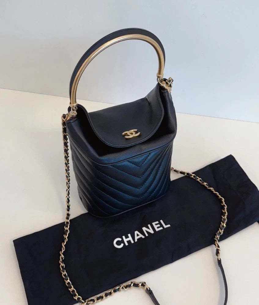 Chanel Paris-Hamburg Chevron Bucket TopHandle Bag Shoulder Bag Black Women