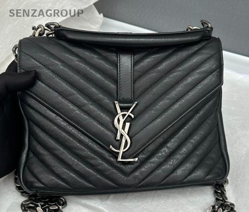 Saint Laurent College MM Calfskin Chain Crossbody Black Silver Women Classic