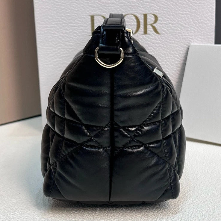 Excellent Christian Dior Travel Calfskin MM Hobo Black Handbag Shoulder Bag Gold