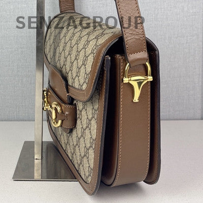 Gucci Horsebit 1955 GG Monogram Shoulder Bag Brown Gold Hardware