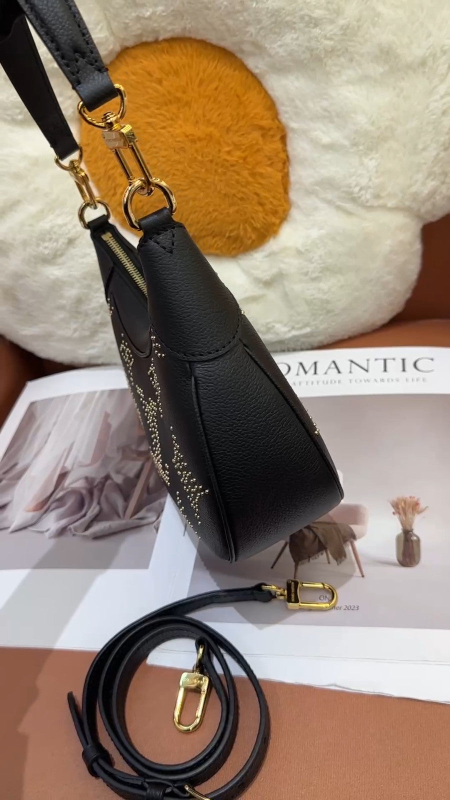 Louis Vuitton STUDS Bagatelle Monogram 2way Shoulder Handbag Women Black
