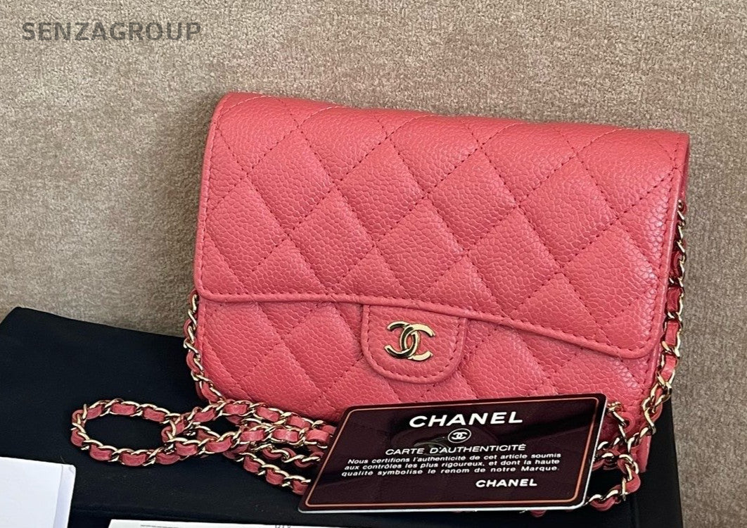 CHANEL Classic Flap Woc Calfskin Chain Shoulder bag Crossbody Pink Gold Women