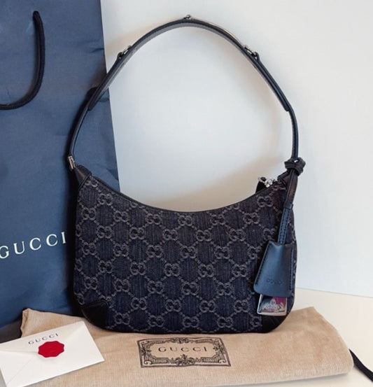 GUCCI Horsebit Slim Denim Black Monogram Shoulder Handbag  Women