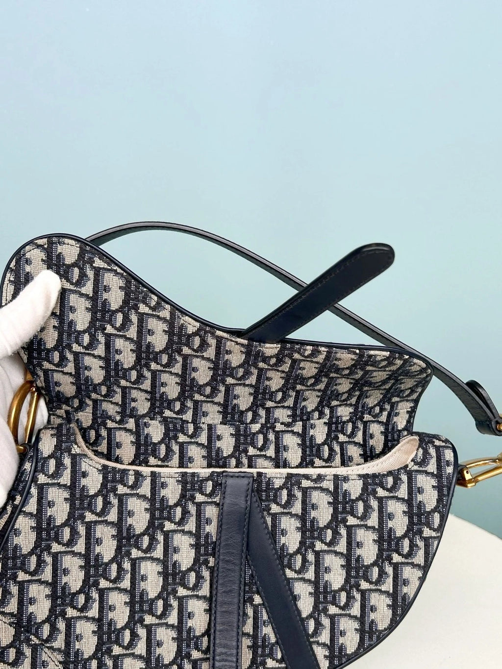 Christian Dior Oblique MM Saddle Bag Top Handle Shoulder Bag Blue Women Classic