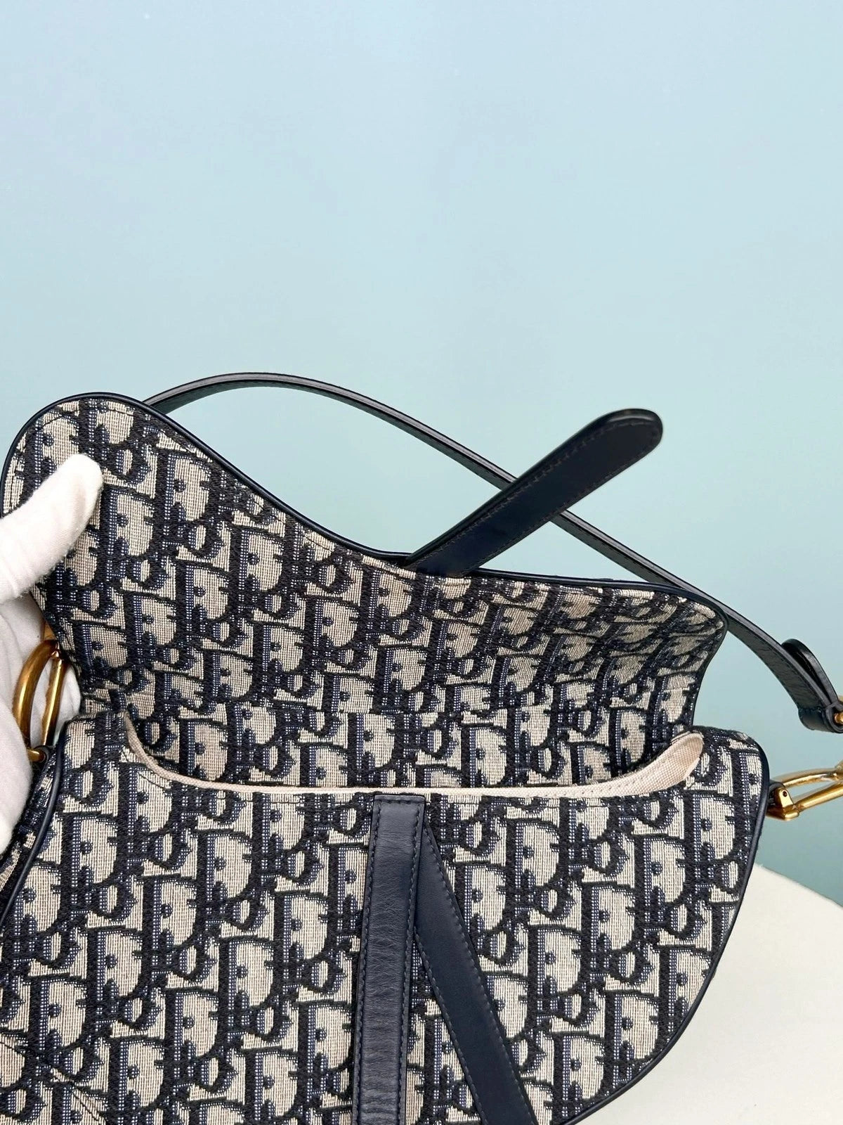 Christian Dior Oblique MM Saddle Bag Top Handle Shoulder Bag Blue Women Classic