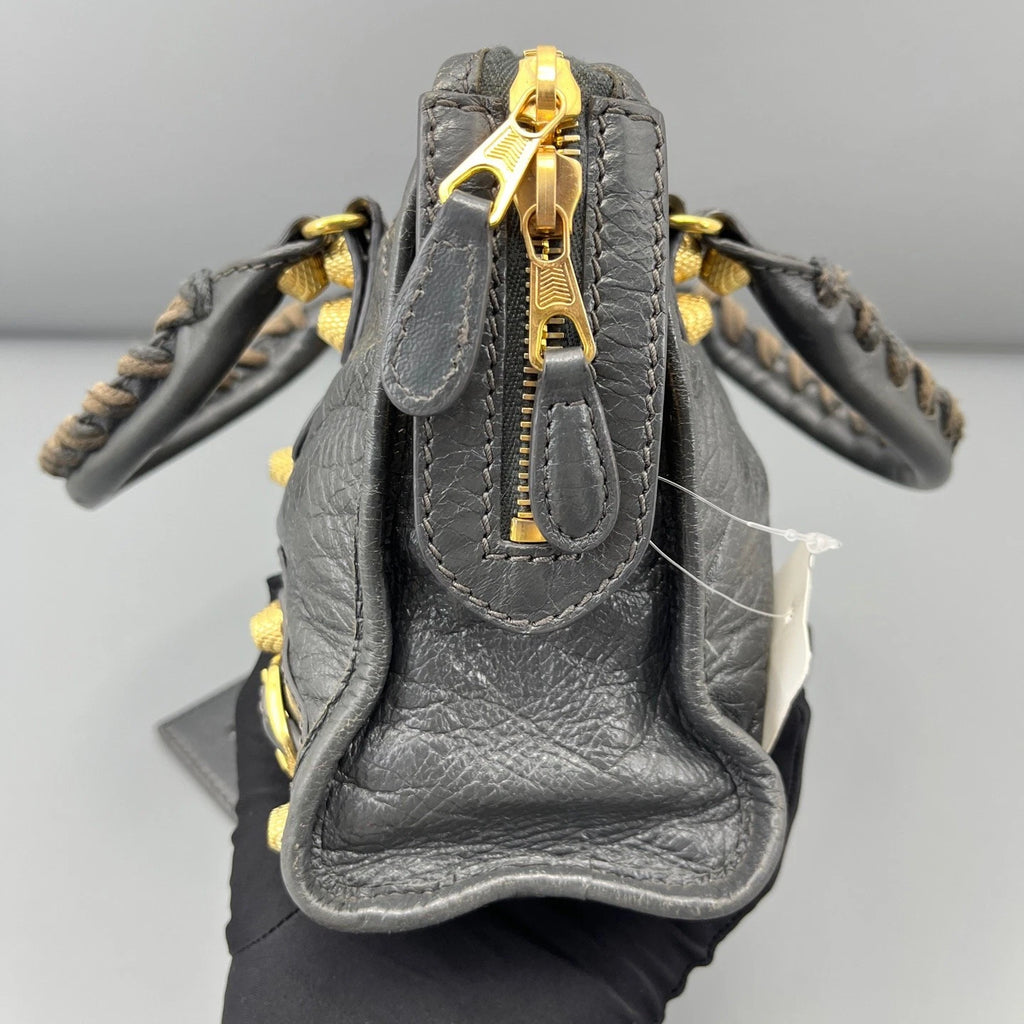 Balenciaga City Bag Mini Tote Top Handle Crossbody Bag Gray Gold Hardware Women