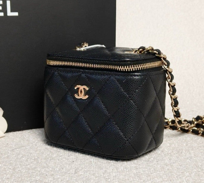 Chanel Diamond Box Chain Shoulder Bag Crossbody Black Gold Women Classic