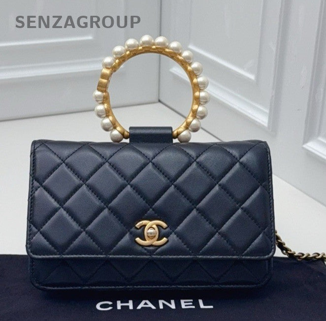 Chanel WOC Pearl Chain Shoulder Bag Crossbody Black Gold Women Classic