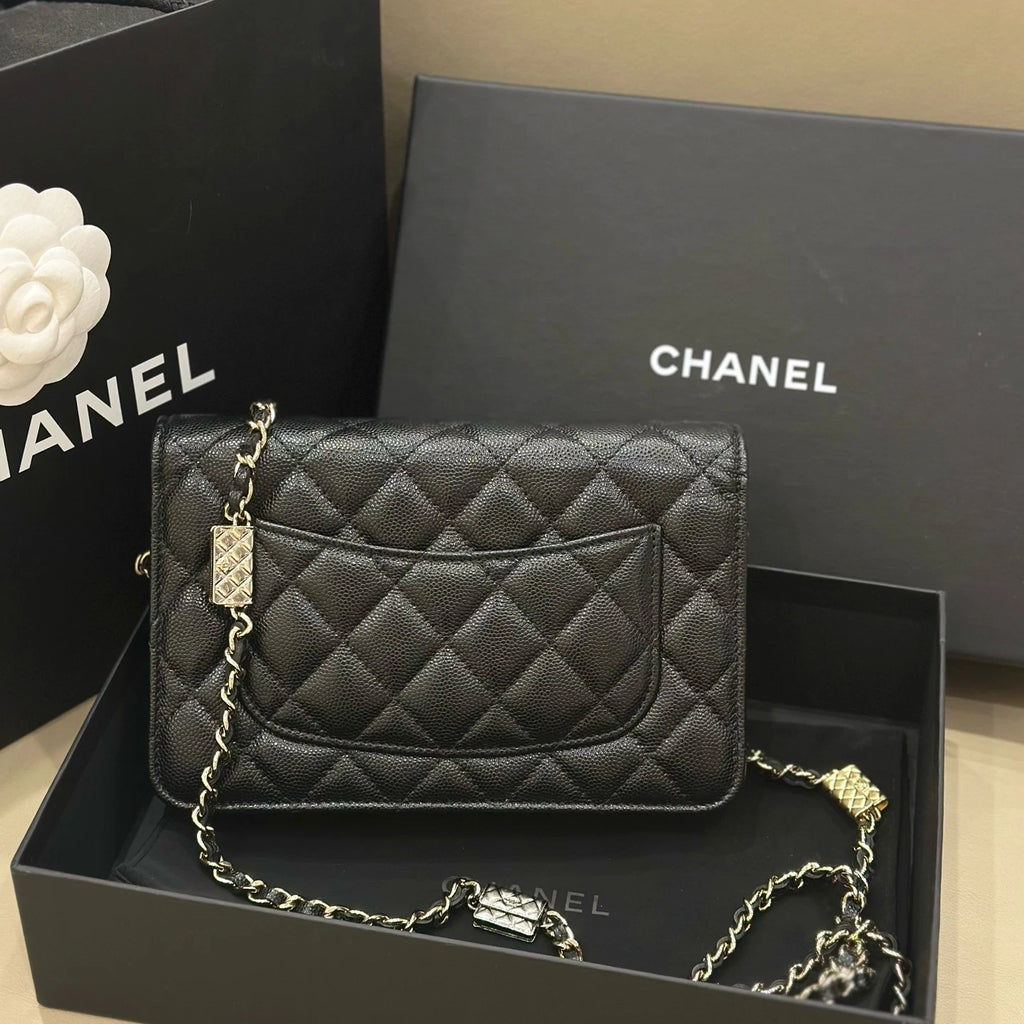 Chanel Black Leather Gold Chain WOC Crossbody Bag For Women