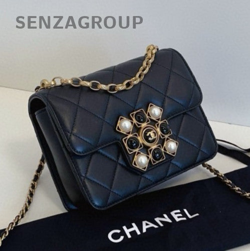 Chanel Calfskin Chain Shoulder Bag Black Gold Classic Women Diamond