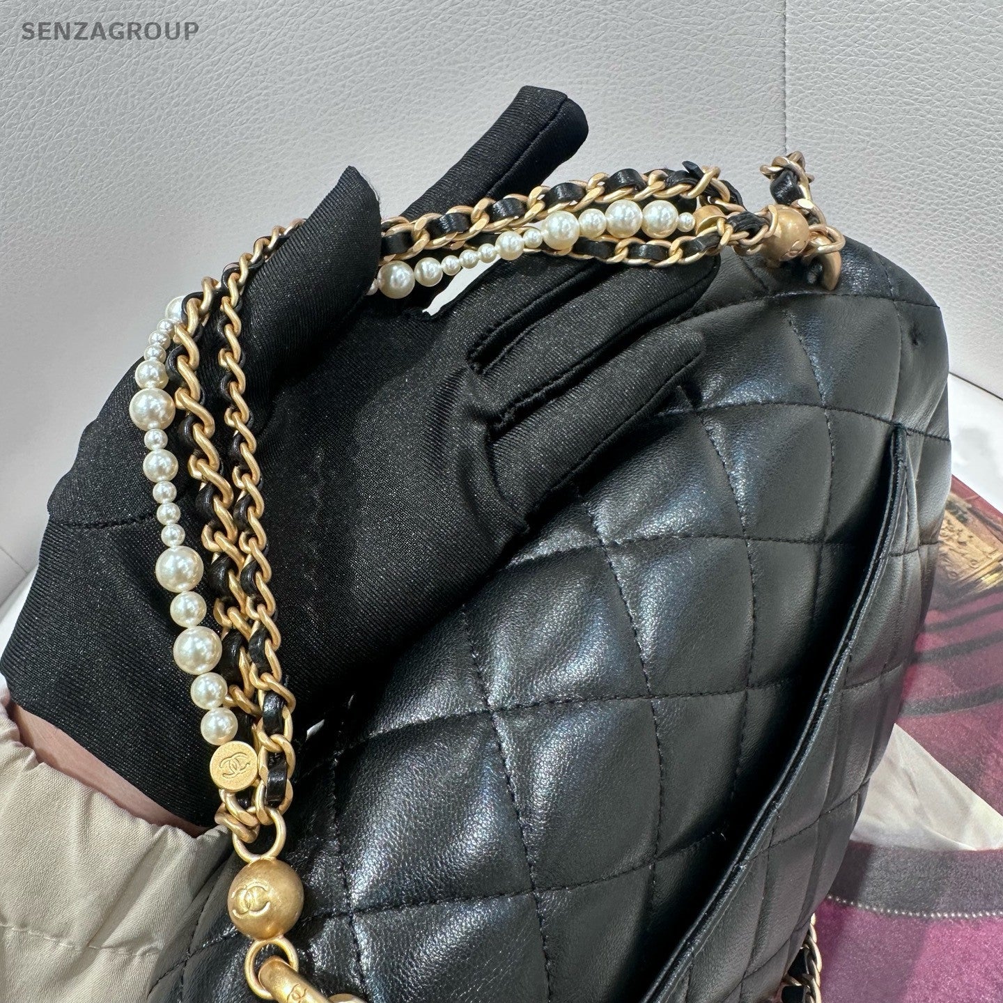Chanel 25B Black Gold Lambskin CF Mini Pearl Chain Shoulder Bag Women
