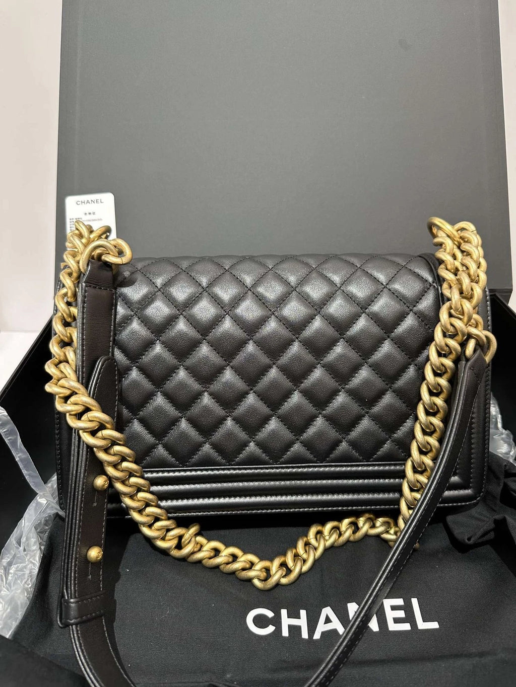 CHANEL Black Gold Calfskin Medium LeBoy Shoulder Crossbody Bag Women