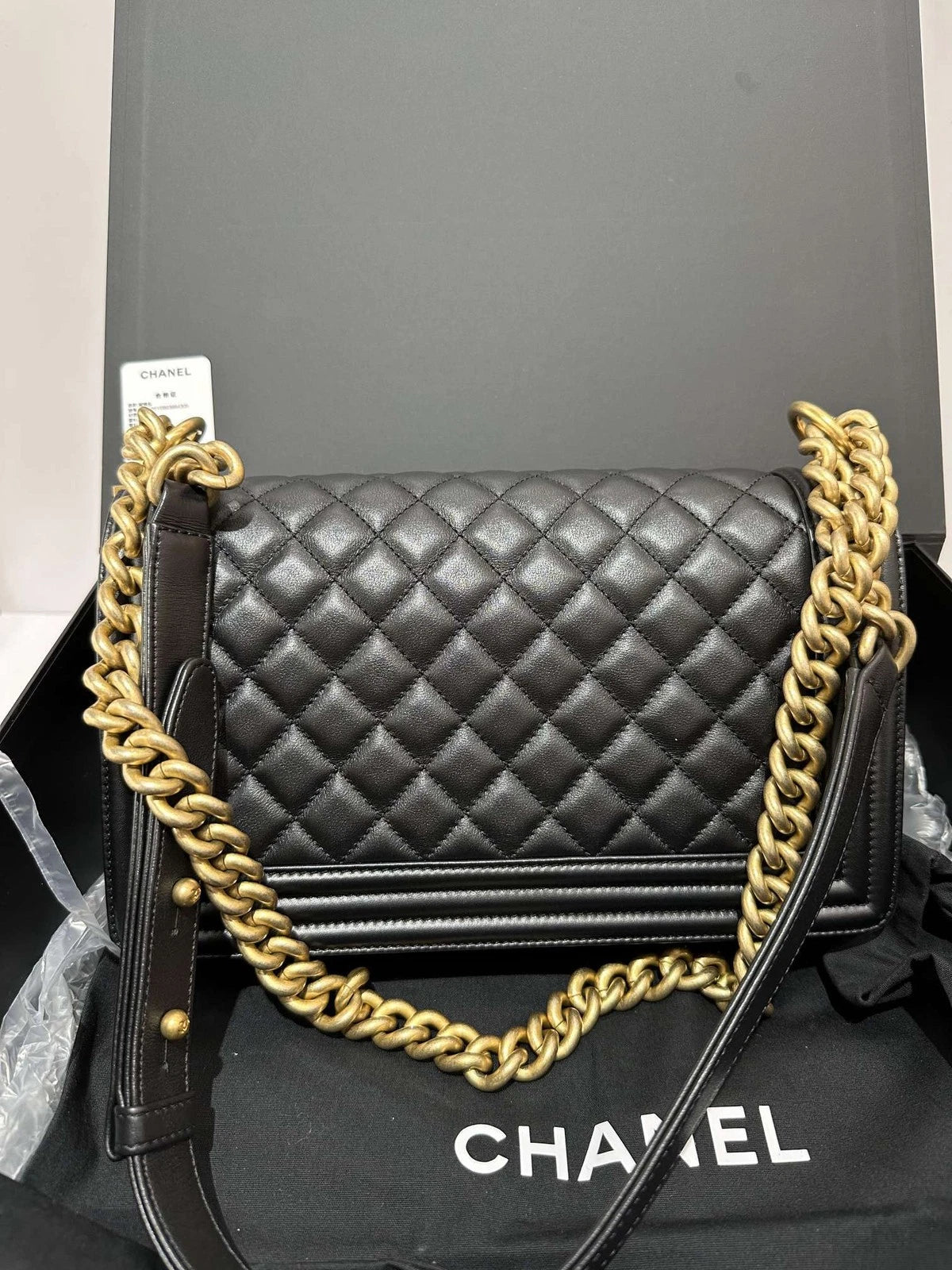 CHANEL Black Gold Calfskin Medium LeBoy Shoulder Crossbody Bag Women