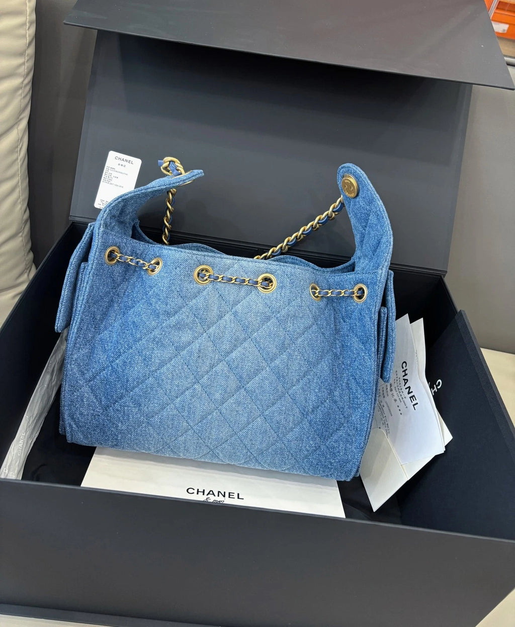 Chanel 25 Small Denim Hobo Shoulder Bag Casual Crossbody Blue Gold