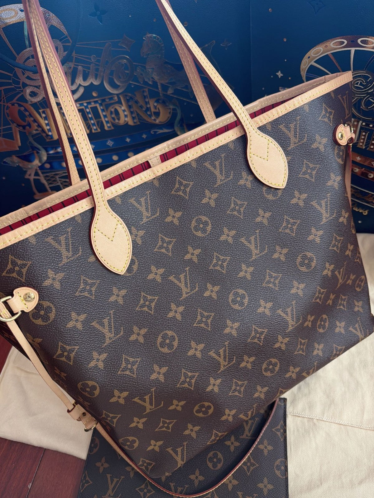 Louis Vuitton Neverfull MM Monogram Canvas Shoulder Bag Brown Gold Women Classic