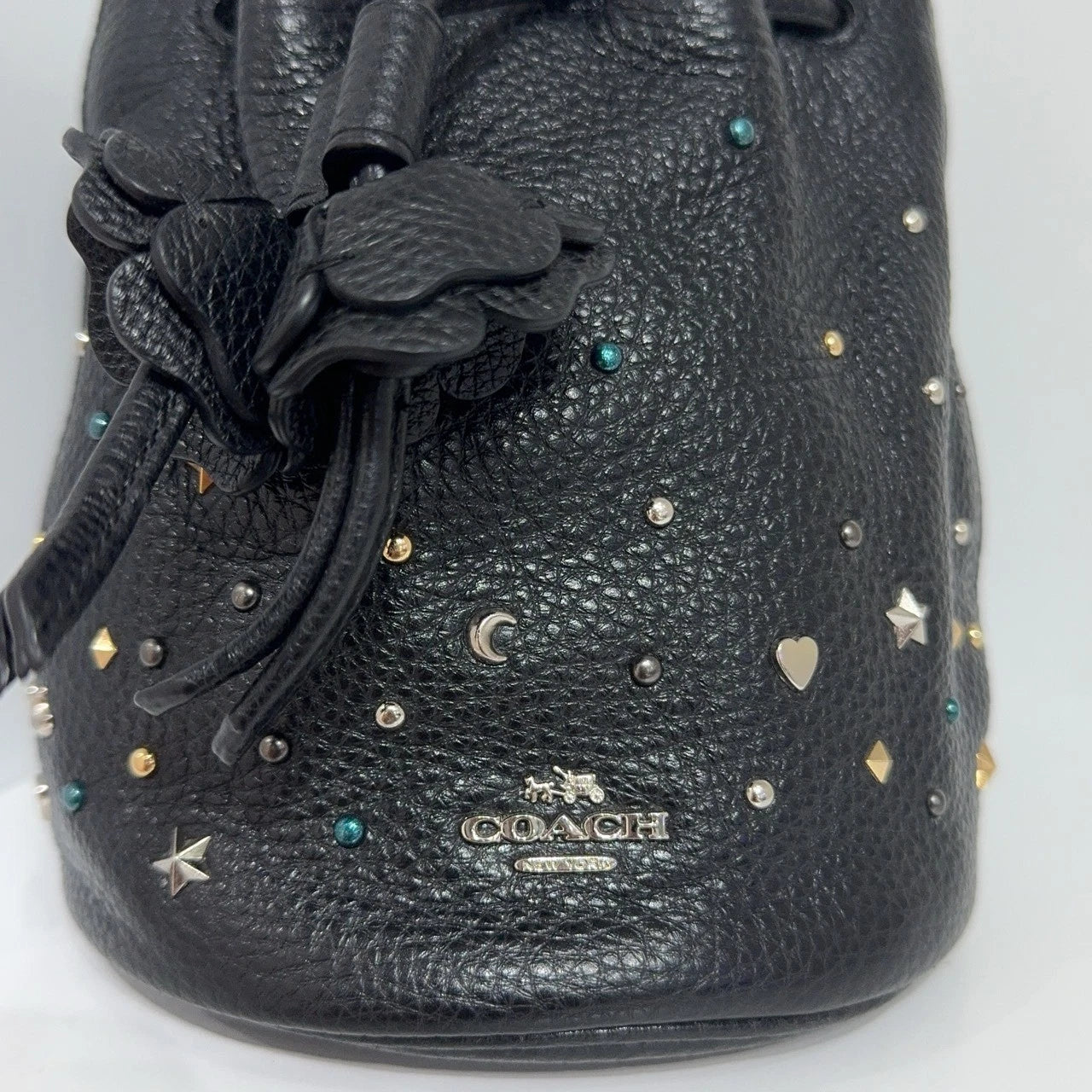 Coach Petal 14 Black Leather Starry Rivet Handbag For Women