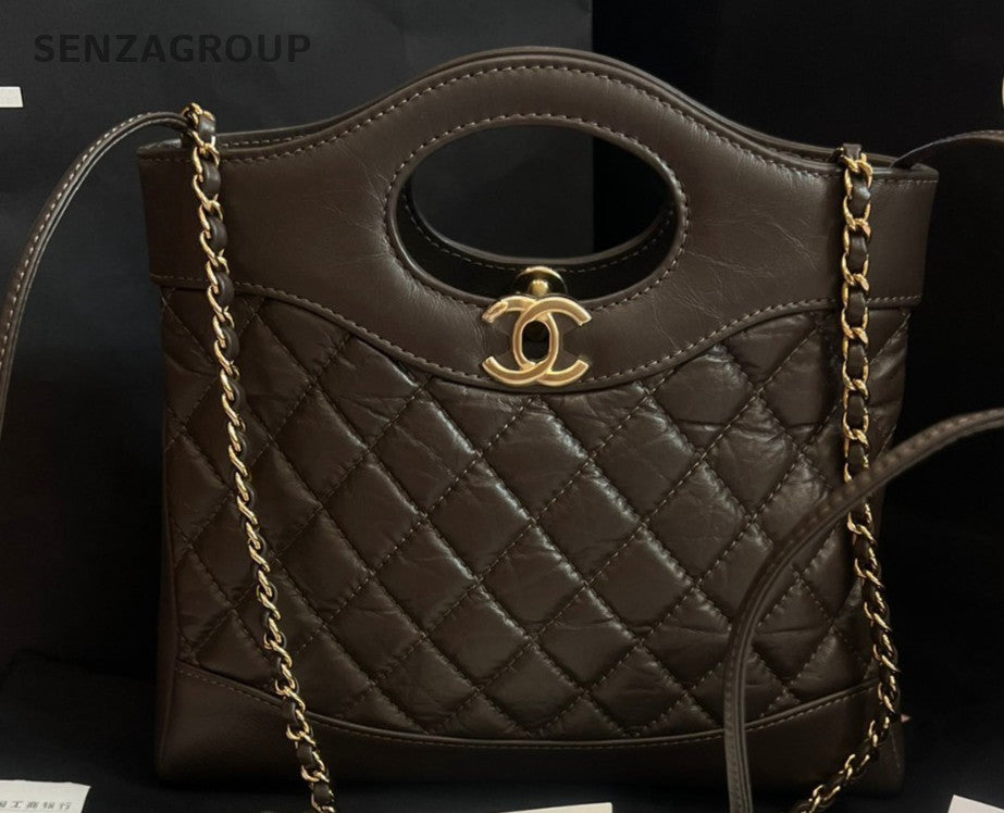 Chanel 23A Mini Top Handle Bag Chain Shoulder Bag Crossbody Brown Gold Women