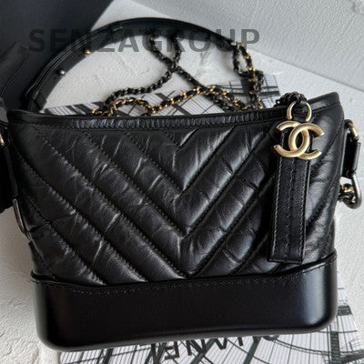 Chanel Black Gold Chevron Gabrielle Hobo Chain Shoulder Bag