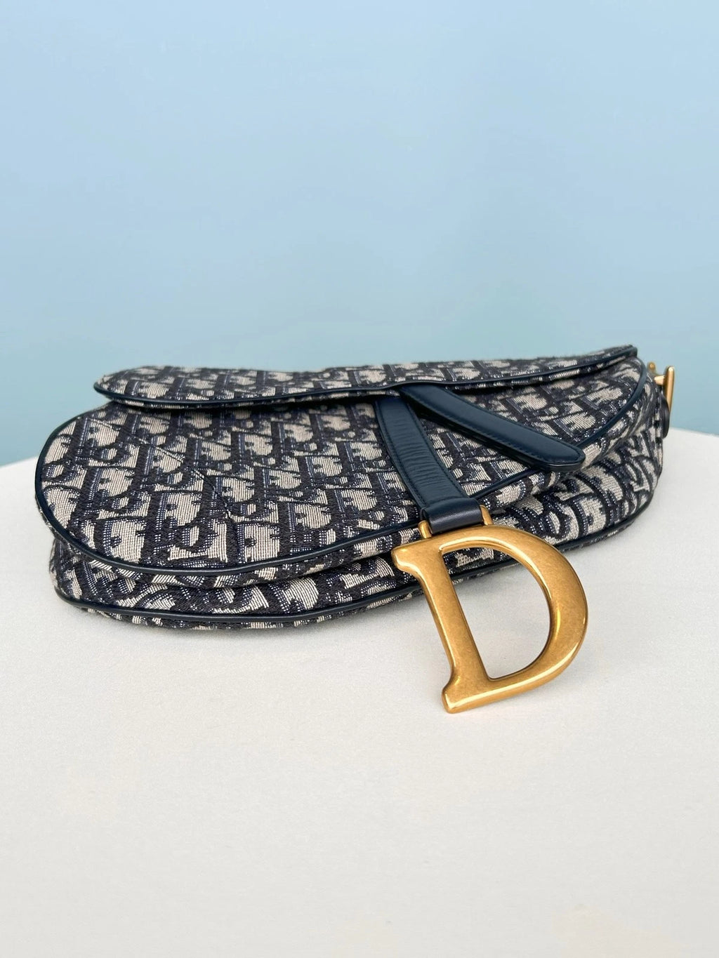 Christian Dior Oblique MM Saddle Bag Top Handle Shoulder Bag Blue Women Classic