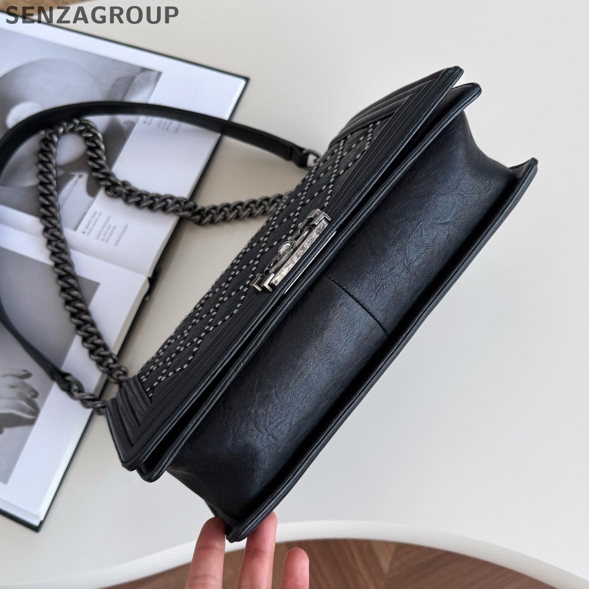 Chanel Leboy MM Chain Shoulder Crossbody Black Silver Diamond Women Classic