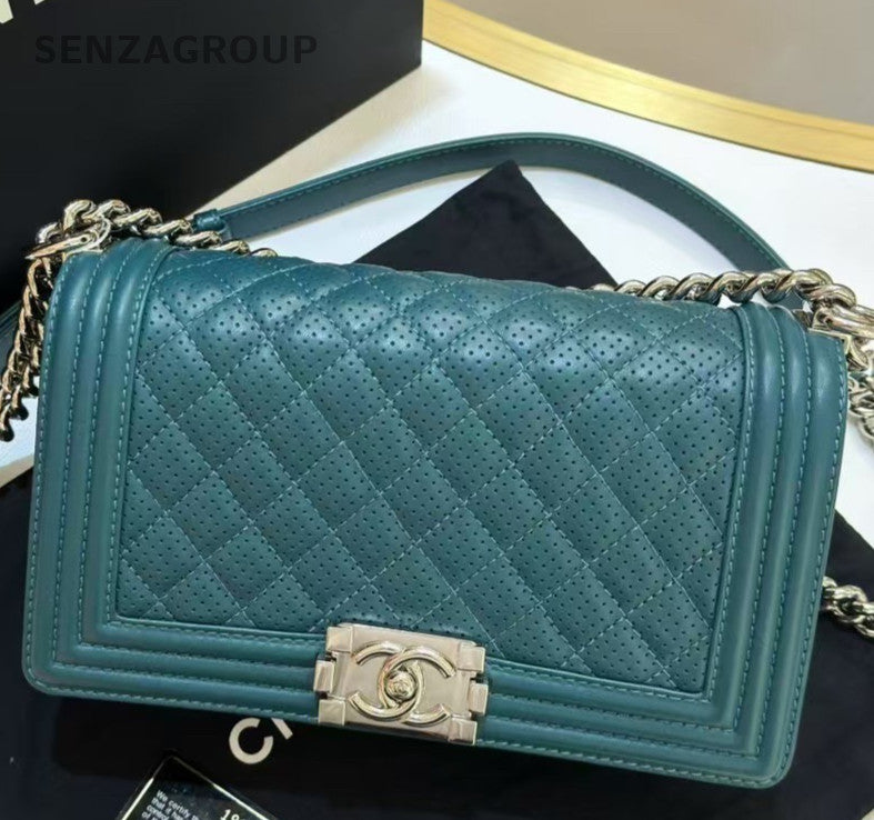 Chanel Leboy MM Chain Shoulder Bag Crossbody Green Silver Diamond Women Classic