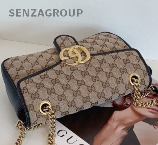 Gucci Marmont Canvas Chain Shoulder Bag Crossbody Brown Gold Women Classic
