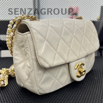 Chanel Classic Flap Mini Square Bag White Gold Chain Shoulder Crossbody