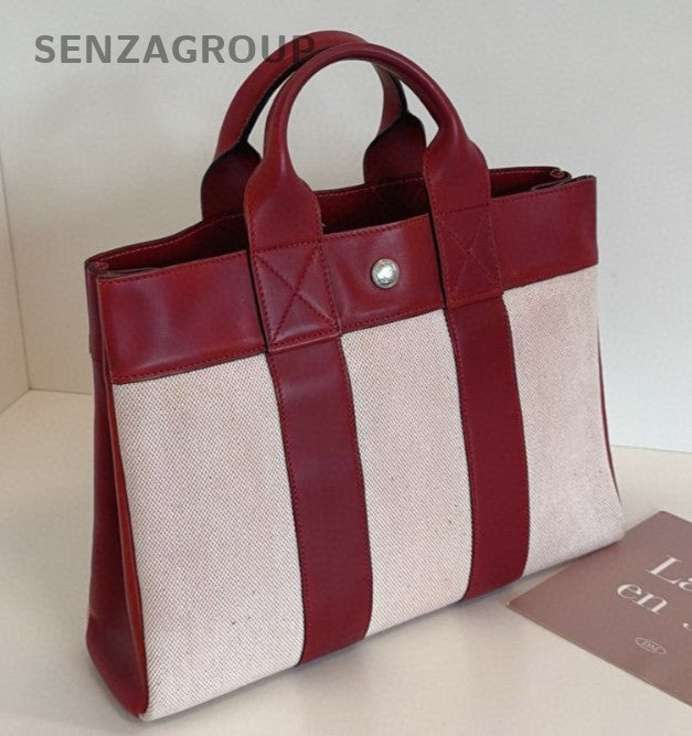 Hermes Canvas Vintage Tote Top Handle Bag Red Silver Women Classic
