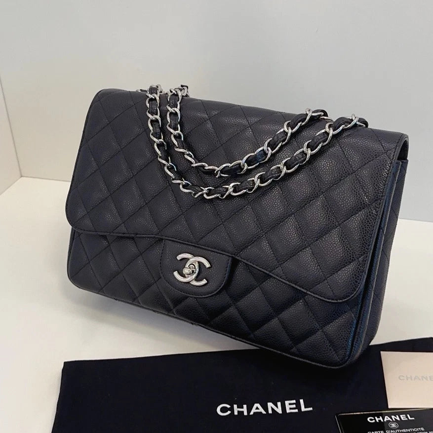 Chanel Flap Jumbo Calfskin Chain Shoulder Crossbody Black Silver Excellent