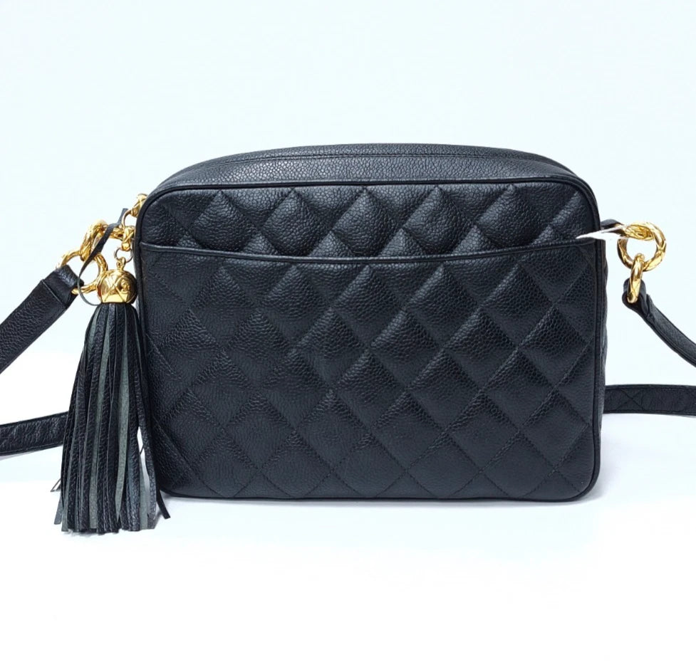 Chanel Diamond Tassel Camera Bag Shoulder Bag Crossbody Black Gold Women Vintage