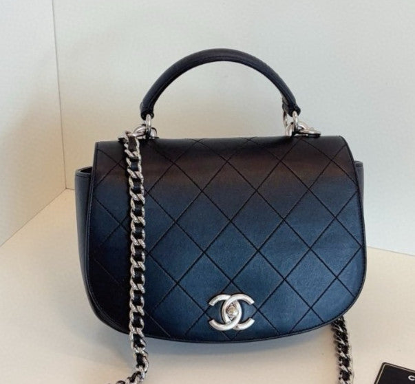Chanel Diamond Calfskin 2Way Top Handle Chain Crossbody Black Silver Women