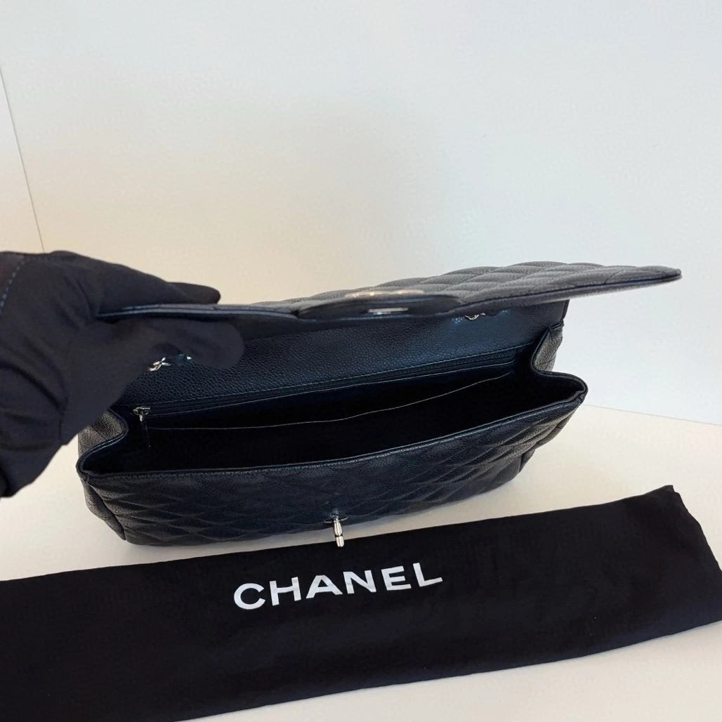 Chanel Classic Flap Jumbo Chain Shoulder Crossbody Black Silver Women Diamond
