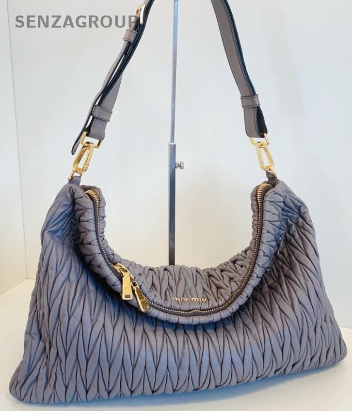 Miu Miu Calfskin Zipping Shoulder Bag Gray Gold Used Women Classic Designer