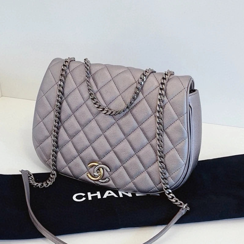 Chanel Diamond Saddle Chain Shoulder Crossbody Silver Women Classic
