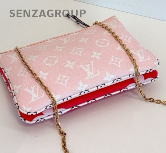Louis Vuitton Pochette Double Zip Chain Shoulder Bag Red Gold Women Classic