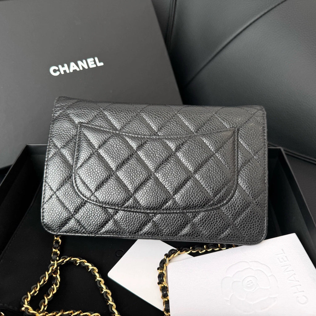 Chanel Calfskin WOC Chain Shoulder Bag Crossbody Women Black Gold Diamond