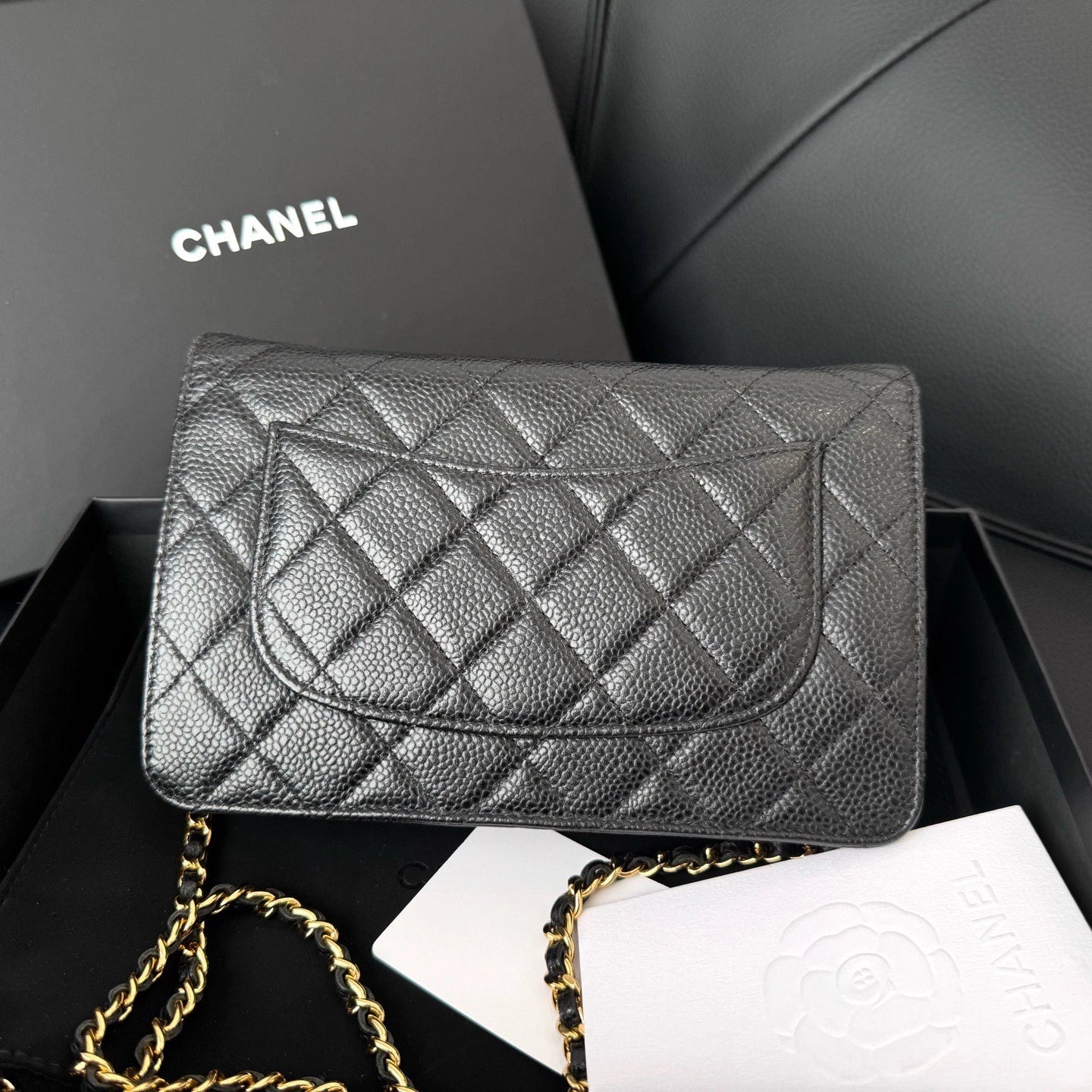 Chanel Calfskin WOC Chain Shoulder Bag Crossbody Women Black Gold Diamond