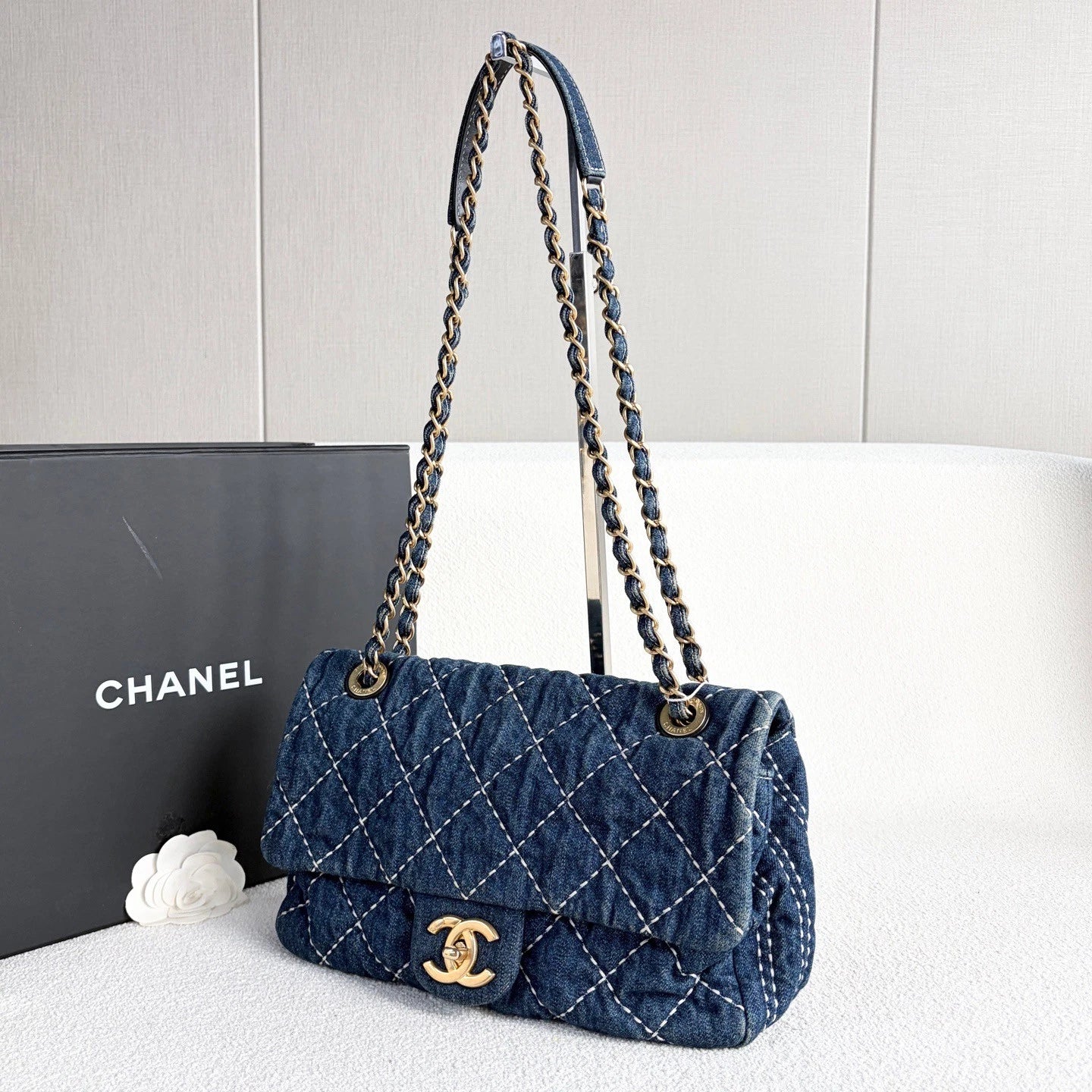 Chanel Classic Flap Denim Chain Shoulder Bag Crossbody Blue Gold Women Diamond