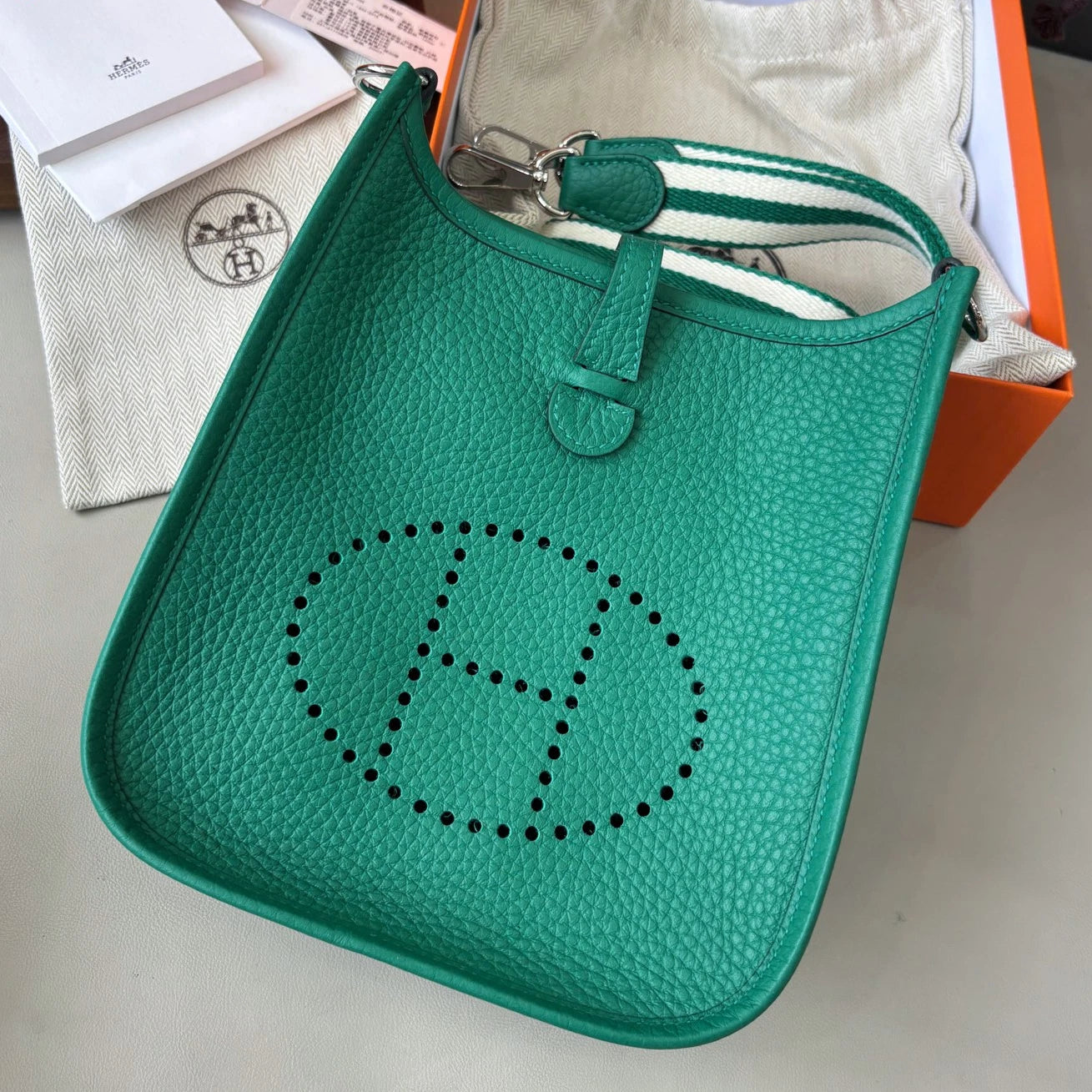 Excellent Hermes Evelyne Mini 2Way Green Shoulder Bag Crossbody Silver Hardware