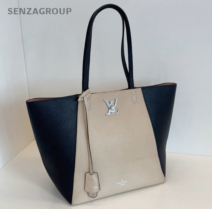 Louis Vuitton Lock Me Tote Shoulder Bag Beige Black Silver Used Women Classic