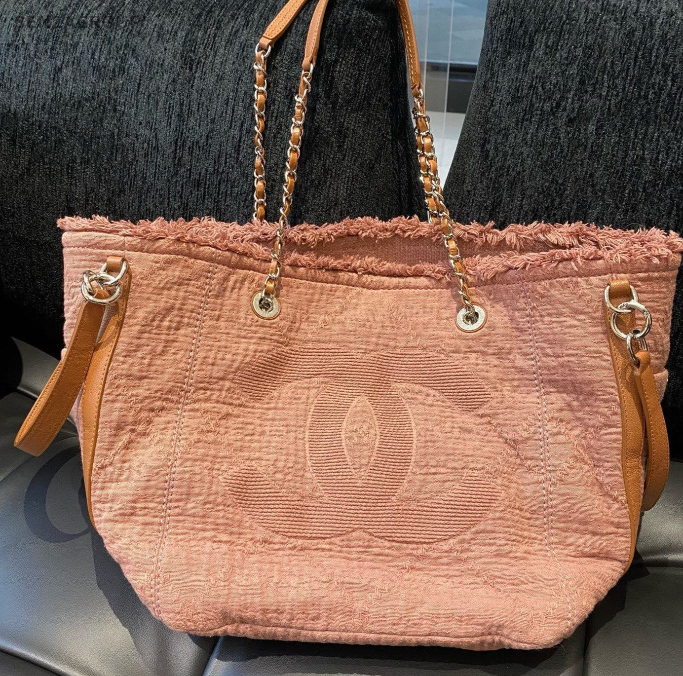 Chanel Beach Tote Chain Shoulder Bag Pink Brown Silver Women Classic