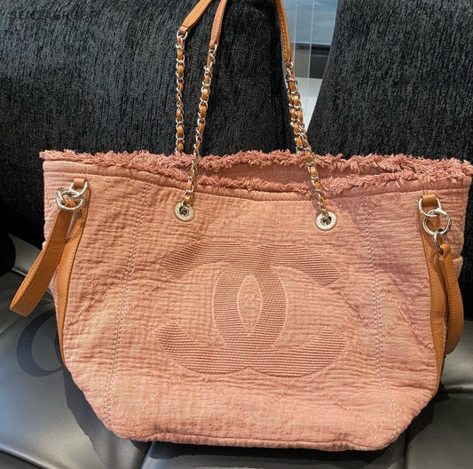 Chanel Beach Tote Chain Shoulder Bag Pink Brown Silver Women Classic