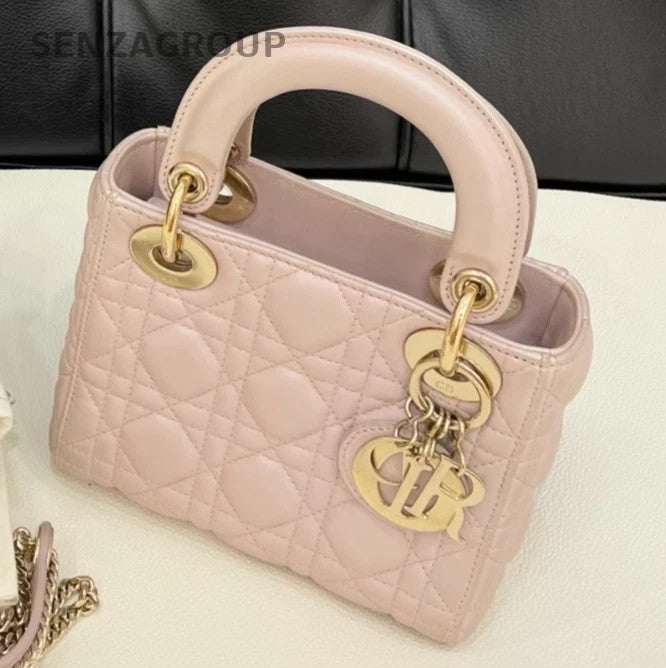 Christian Dior Lady Dior Chain Crossbody Top Handle Bag Pink Gold Women Classic