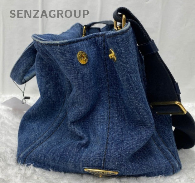 Prada Beach Bag 2Way Handbag Crossbody Blue Gold Women Classic Fashion