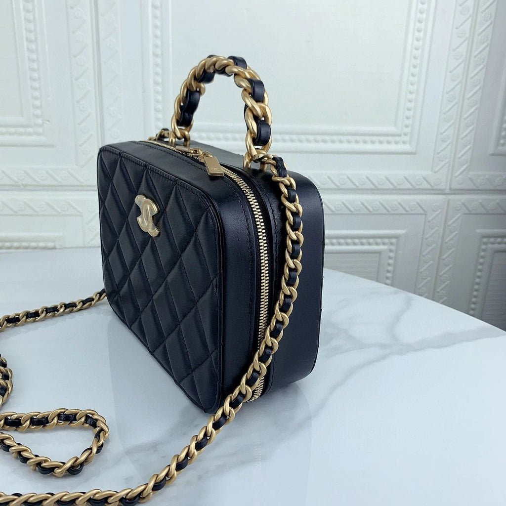 CHANEL Black Gold Lambskin Crossbody Handbag Vanity Bag For Women