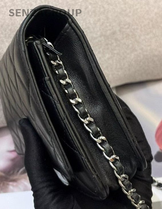 Chanel WOC Chain Lambskin Shoulder Bag Crossbody Black Silver Classic Diamond