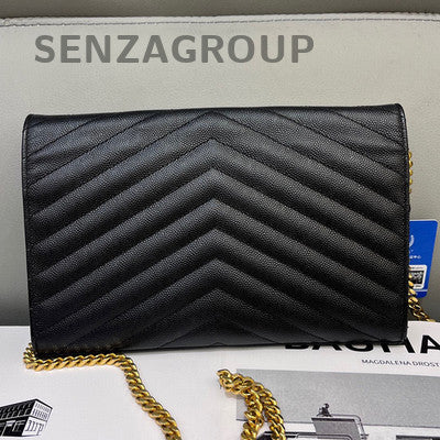 Saint Laurent YSL Caviar V-Pattern Leather Shoulder Crossbody Bag Black Gold